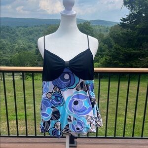 VTG Y2K Bisou Bisou Floral Babydoll Top Retro 2000s Black & Blue Graphic Cami L